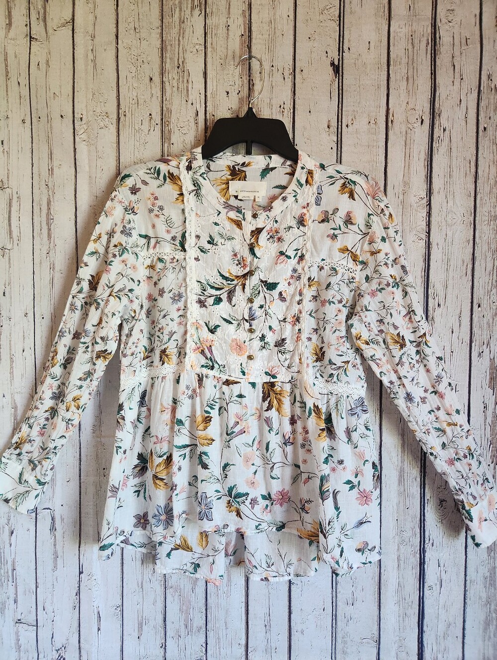 Anthropologie Floral Pintuck Blouse Boho XS Cotton Top